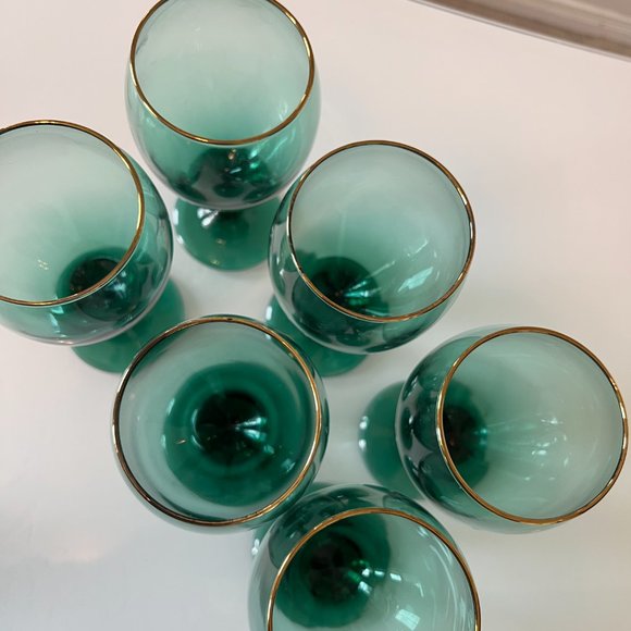 Set of 6 Vintage LIBBEY Teardrop Juniper Teal Green Glasses with Gold Trim - Picture 3 of 4